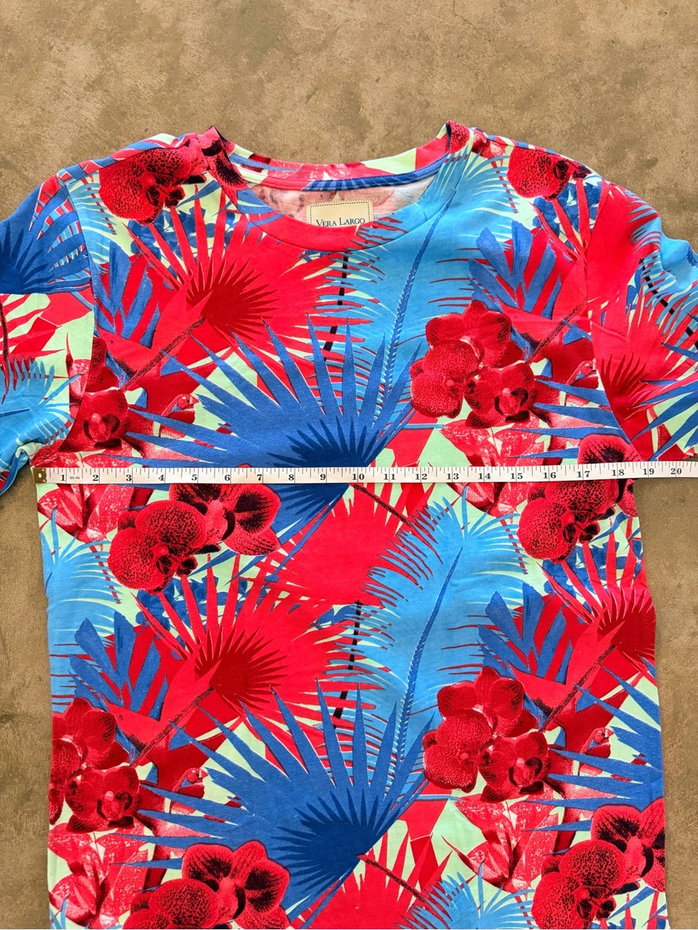Vera Largo Tropical Floral Palm Print Tee Bright Blue Red Size S - Picture 4 of 6